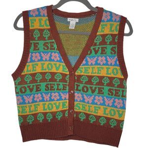 Rue 21 Juniors Sweater Vest Small Brown Retro Mushrooms Flowers Butterflies Cozy